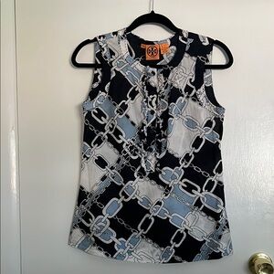 Tory Burch Black and White Sleeveless Tie Front Blouse